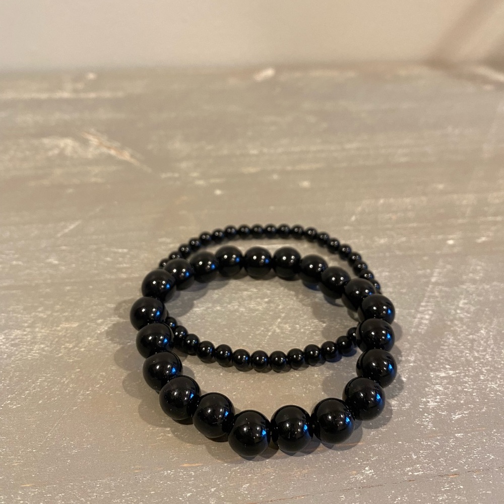 Black Round Beaded Stretch Bracelet Set of 2